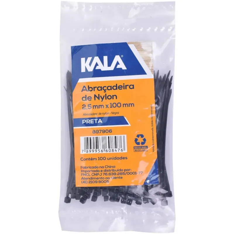 Abraçadeira Nylon 2,5mm x 100mm Preta Kala 100 Peças