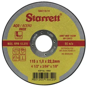 Disco de Corte Fino para Aço Inox 115x1mm 13300rpm Starrett