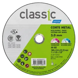 Disco de Corte Classic AR302 180x3,0x22,23mm Norton