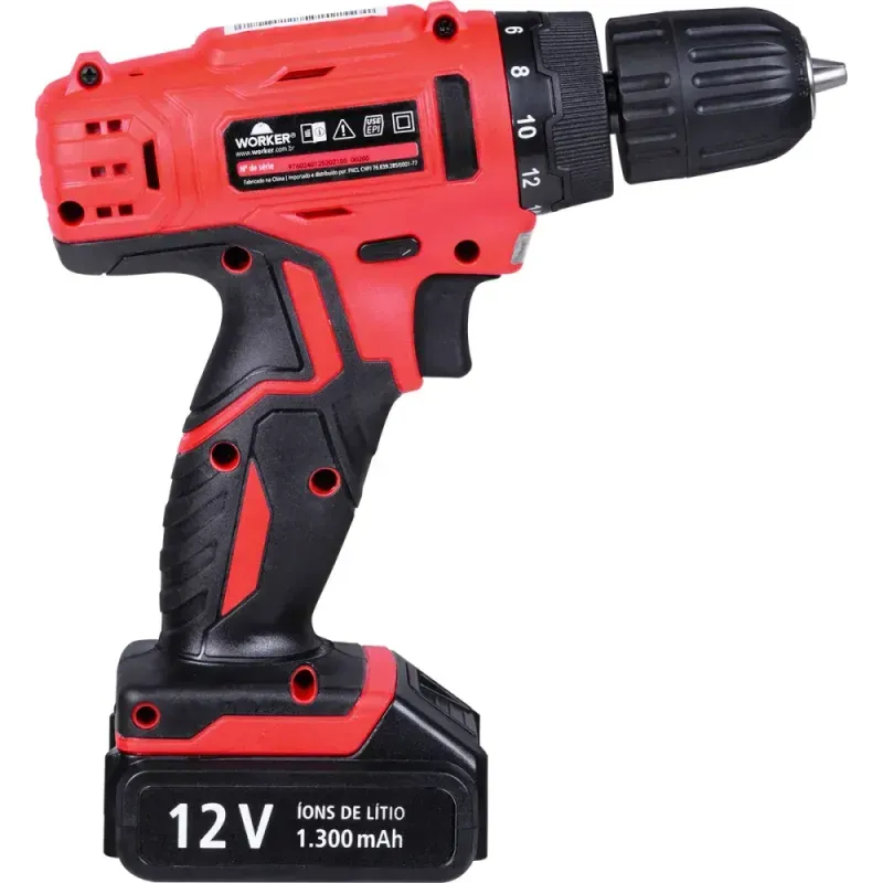 Furadeira Parafusadeira a Bateria Worker 12V Bivolt com 13 Peças e 16 Posições de Torque