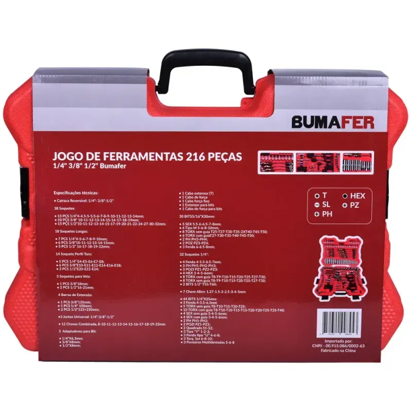 Jogo de Ferramentas Modelo 216 Peças Cromo Vanádio Bumafer