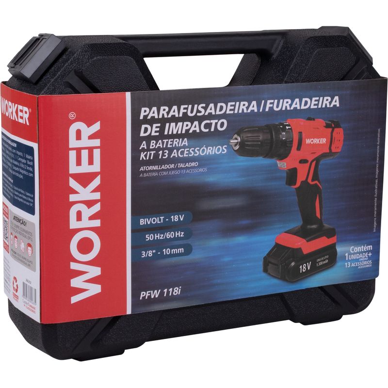 Parafusadeira 18V Impacto 1 Bat 13PCS Worker